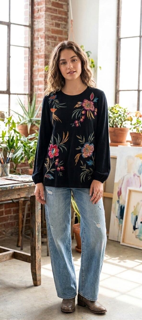 Johnny Was Embroidered Cotton Blend Black Floral Long Sleeve Top Small